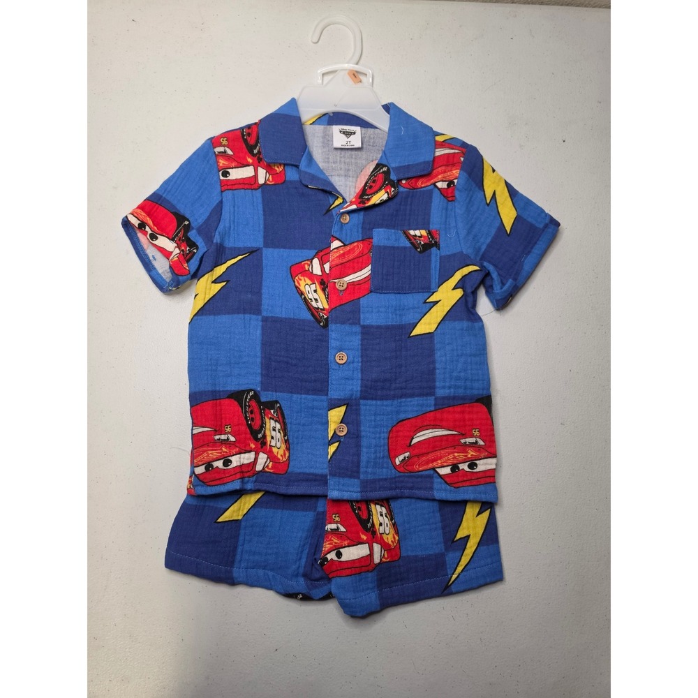 Disney Pixar Cars Lightning McQueen Blue Checkered Cotton Gauze Pajama Set 2T
